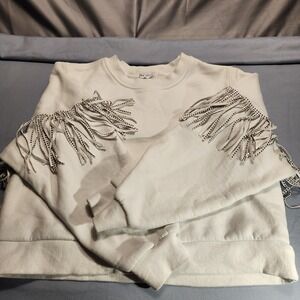 Cloud Ten Fringe Embellished Rhinestone White Sweatshirt Cowgirl Rodeo‎ Sz Small